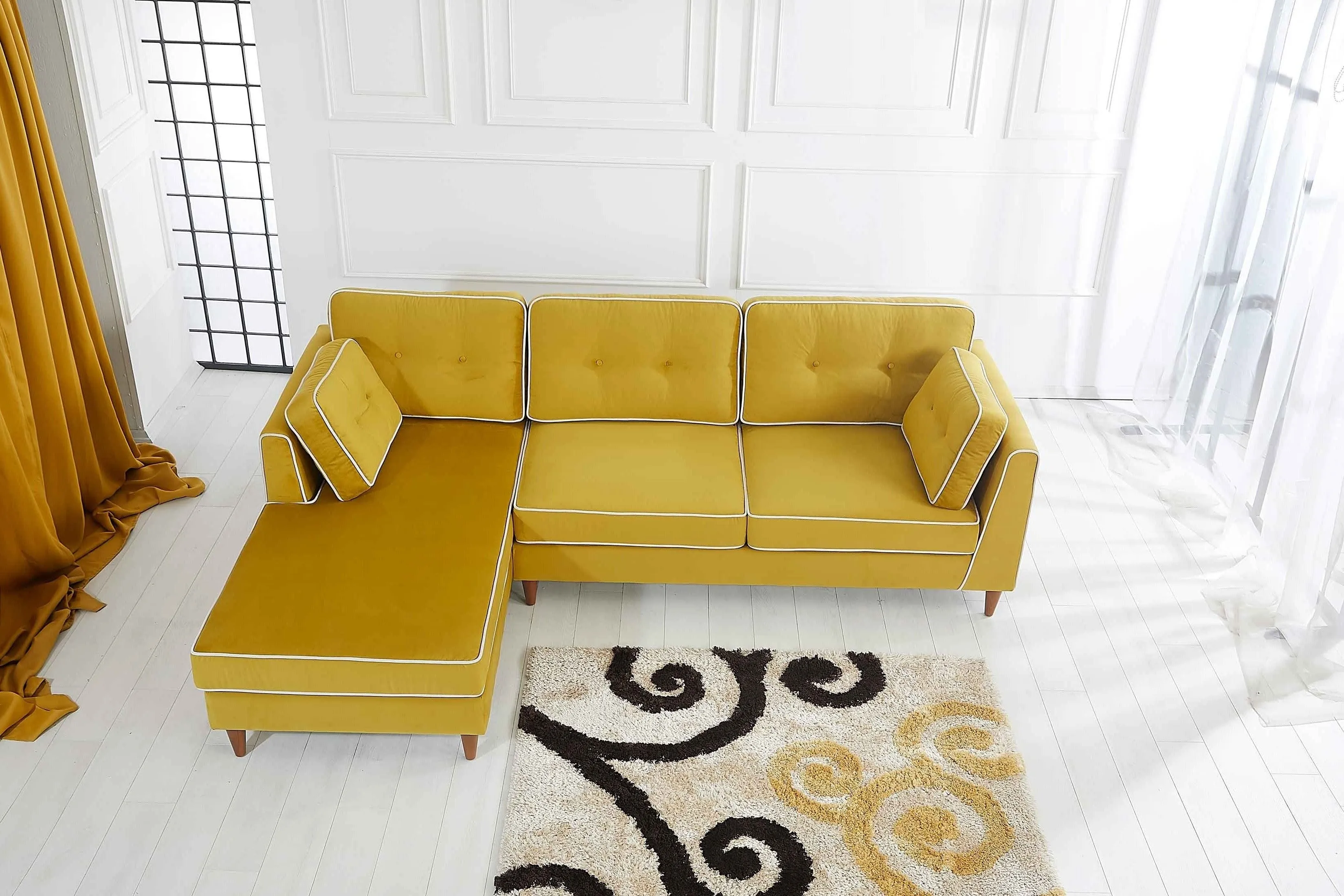 Rubeza Leo 4 Seater Left Hand Facing Chaise End Corner Sofa - Posh Gold & White