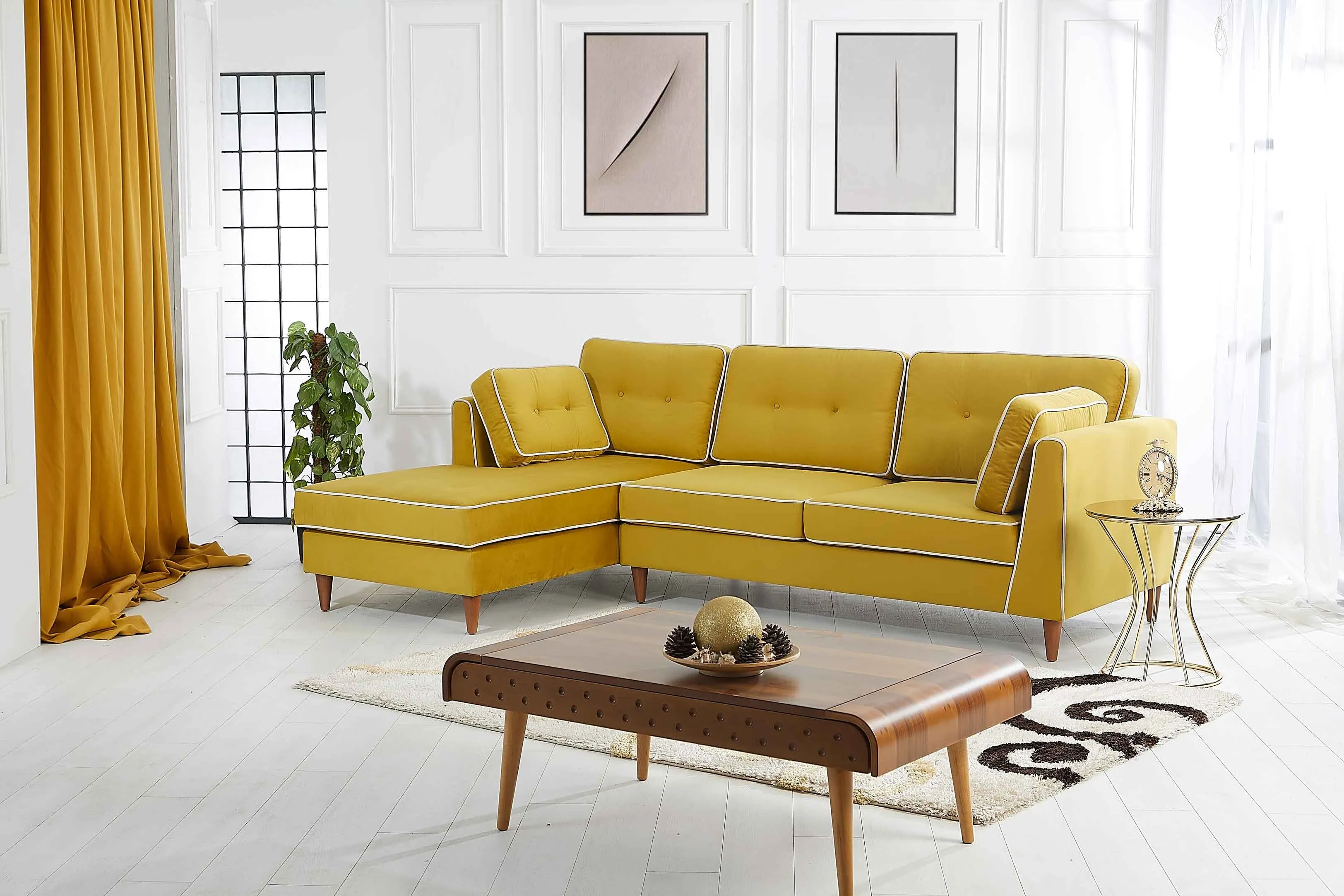 Rubeza Leo 4 Seater Left Hand Facing Chaise End Corner Sofa - Posh Gold & White