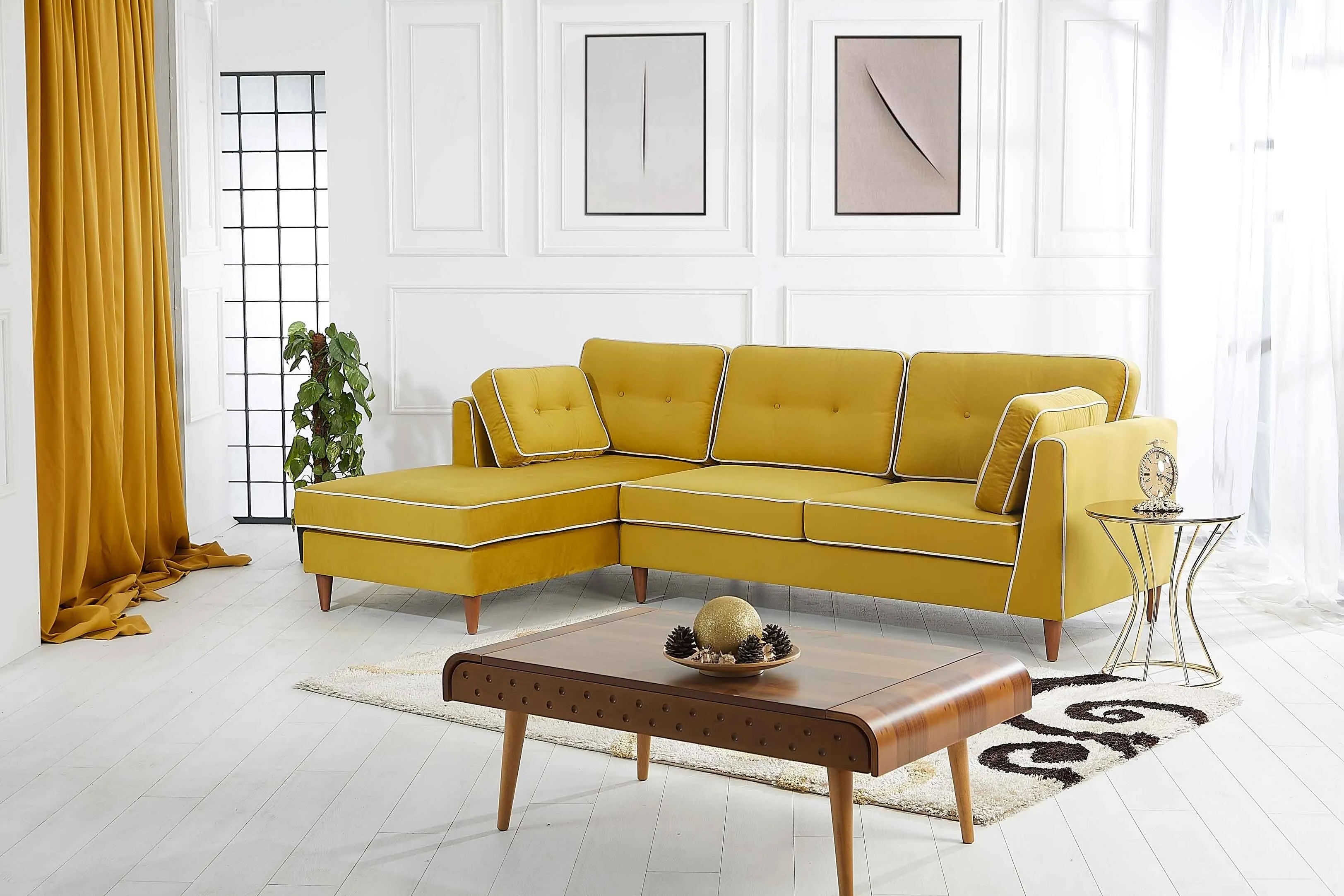 Rubeza Leo 4 Seater Left Hand Facing Chaise End Corner Sofa - Posh Gold & White