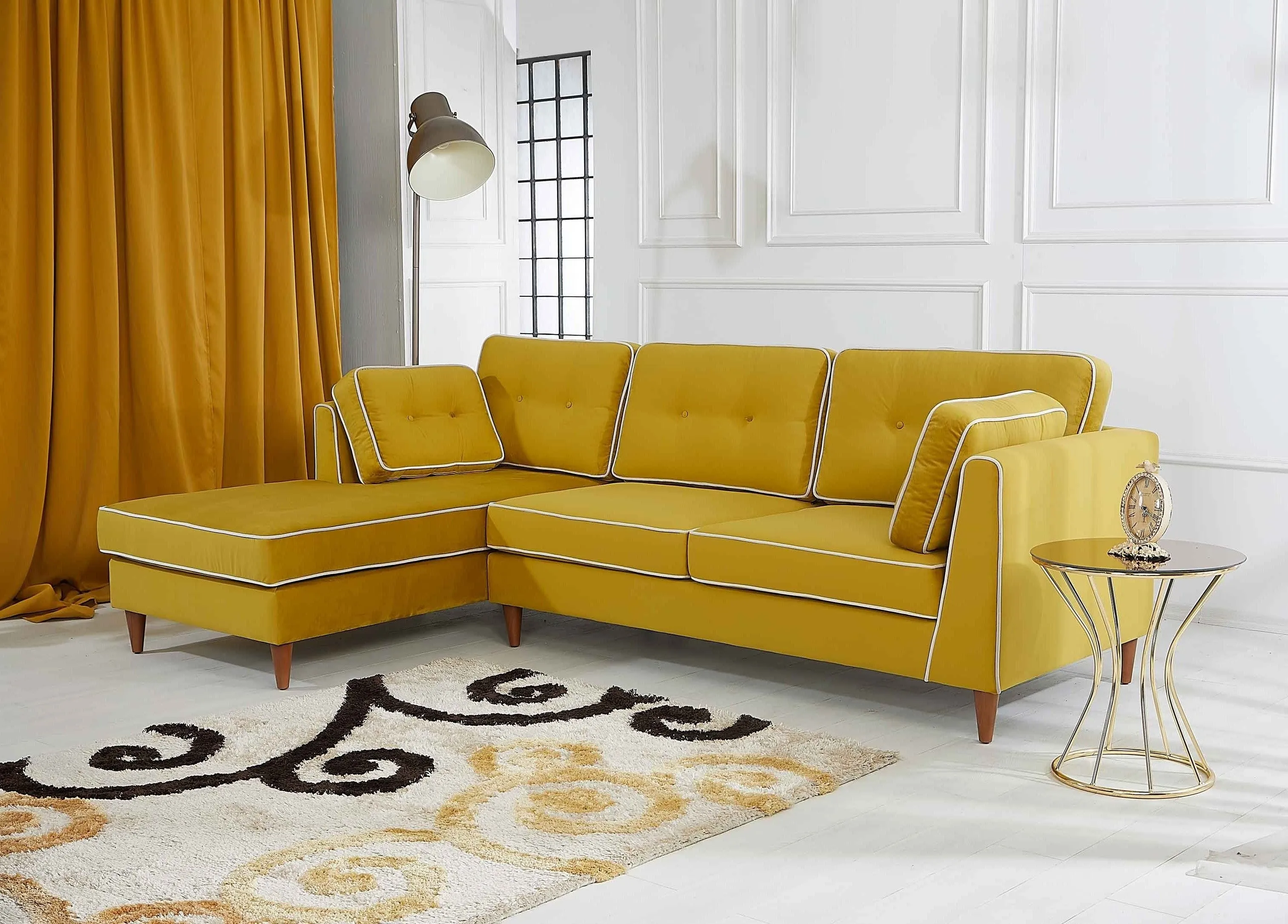 Rubeza Leo 4 Seater Left Hand Facing Chaise End Corner Sofa - Posh Gold & White