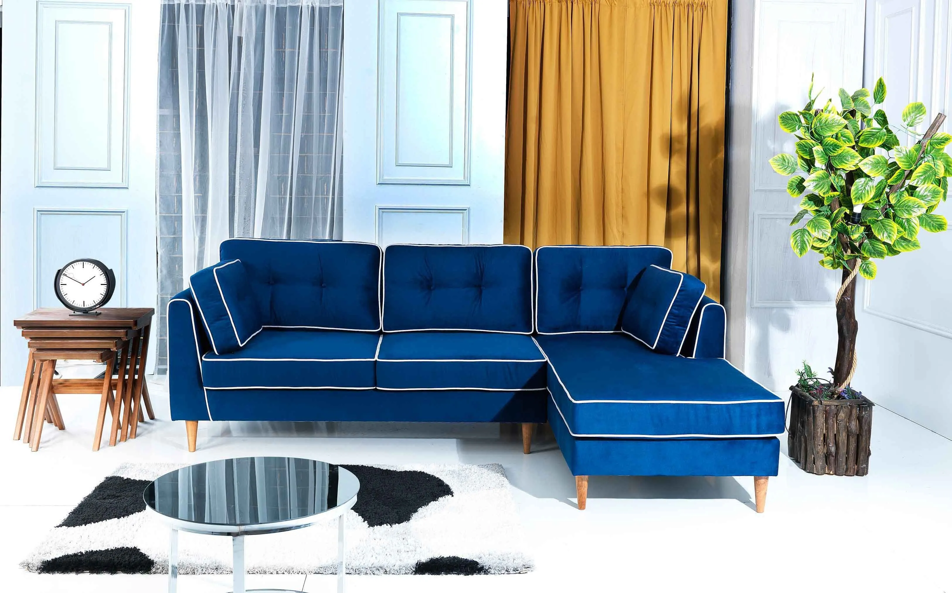 Rubeza Leo 4 Seater Right Hand Facing Chaise End Corner Sofa - Indigo Blue & White