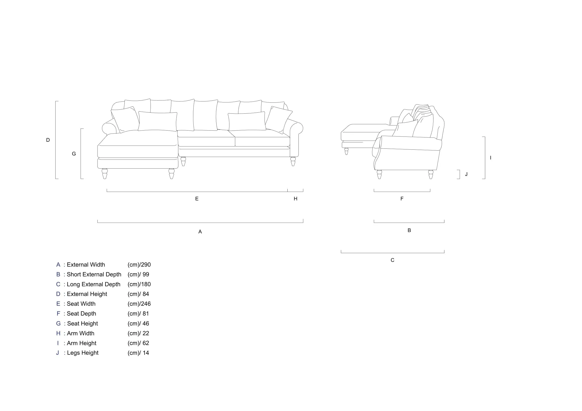 Rubeza Paula 2 Seater/Chaise - Posh Gold