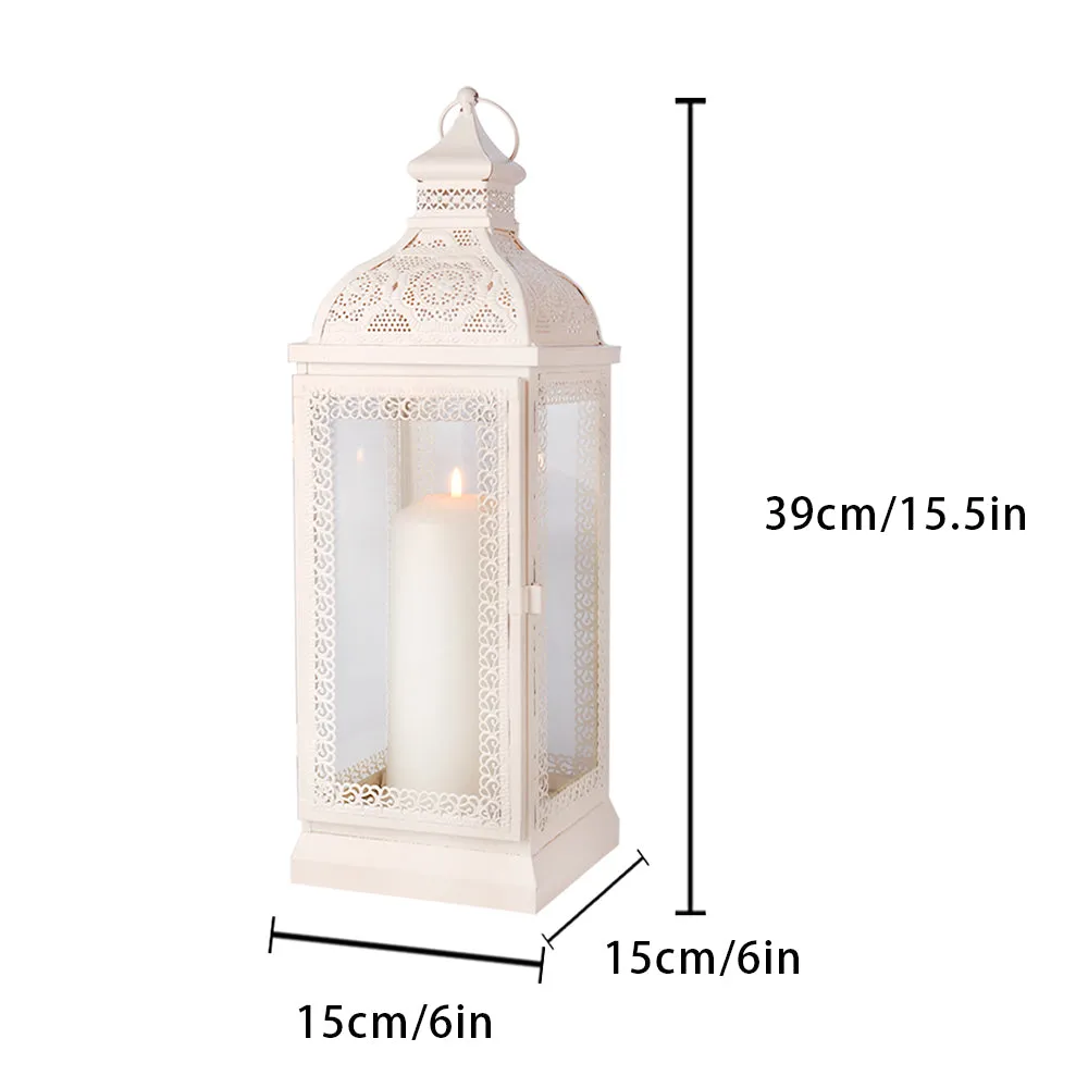 Rustic Metal Decorative Candle Lantern Hanging  Candle Holder with Tempered Glass(White)