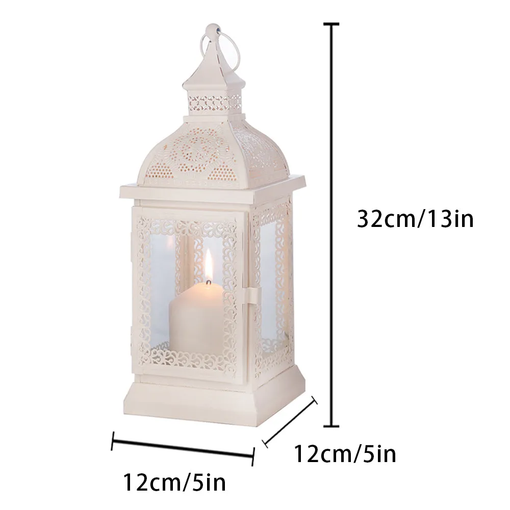 Rustic Metal Decorative Candle Lantern Hanging  Candle Holder with Tempered Glass(White)