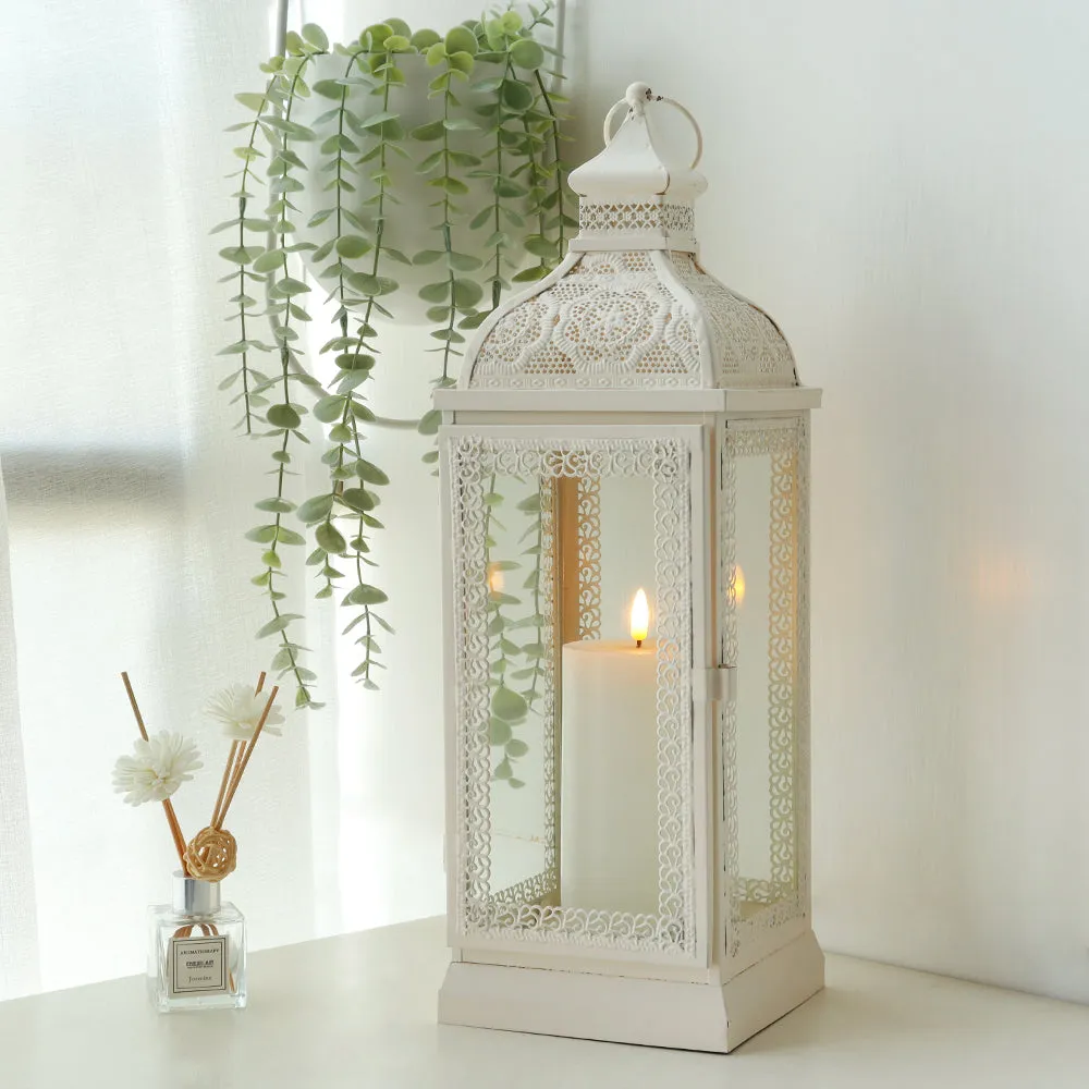 Rustic Metal Decorative Candle Lantern Hanging  Candle Holder with Tempered Glass(White)