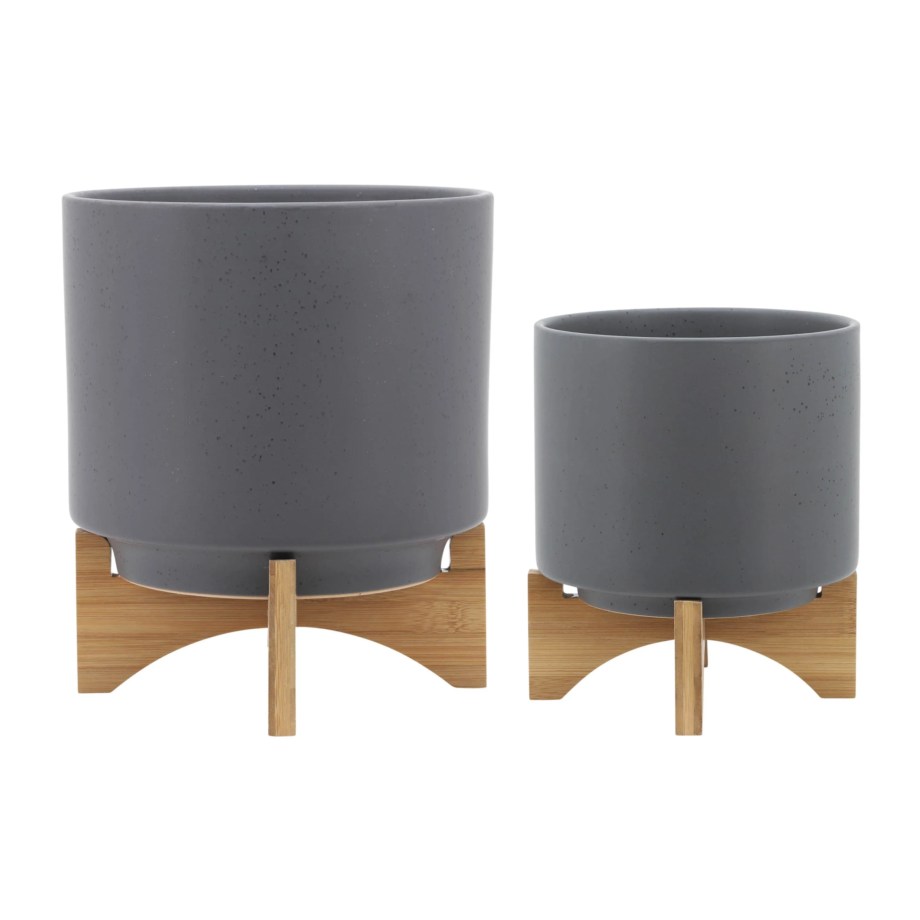 S/2 8/10" PLANTER W/ WOOD STAND, MATTE GRAY