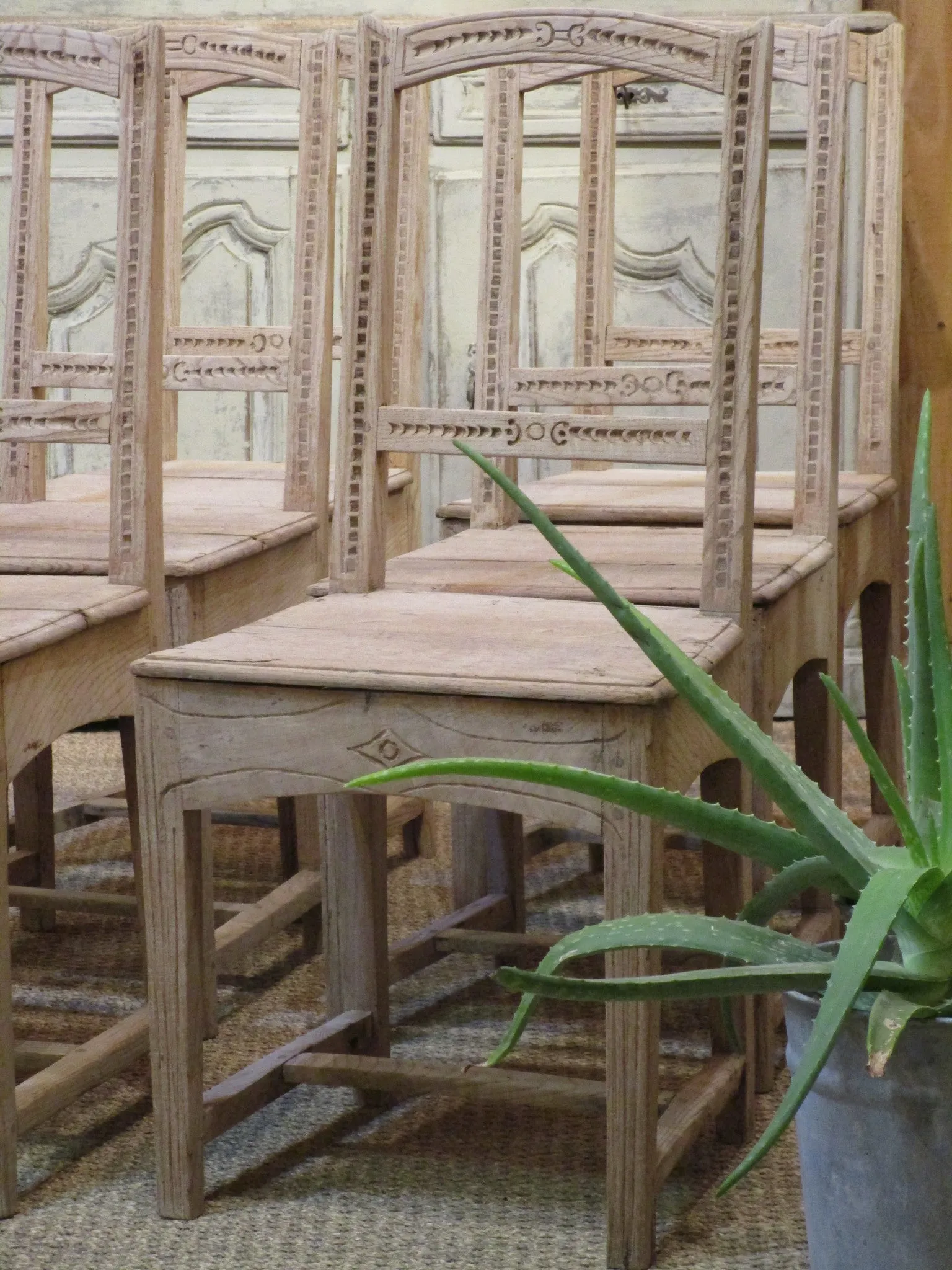 Set of six 18th century stripped oak chairs