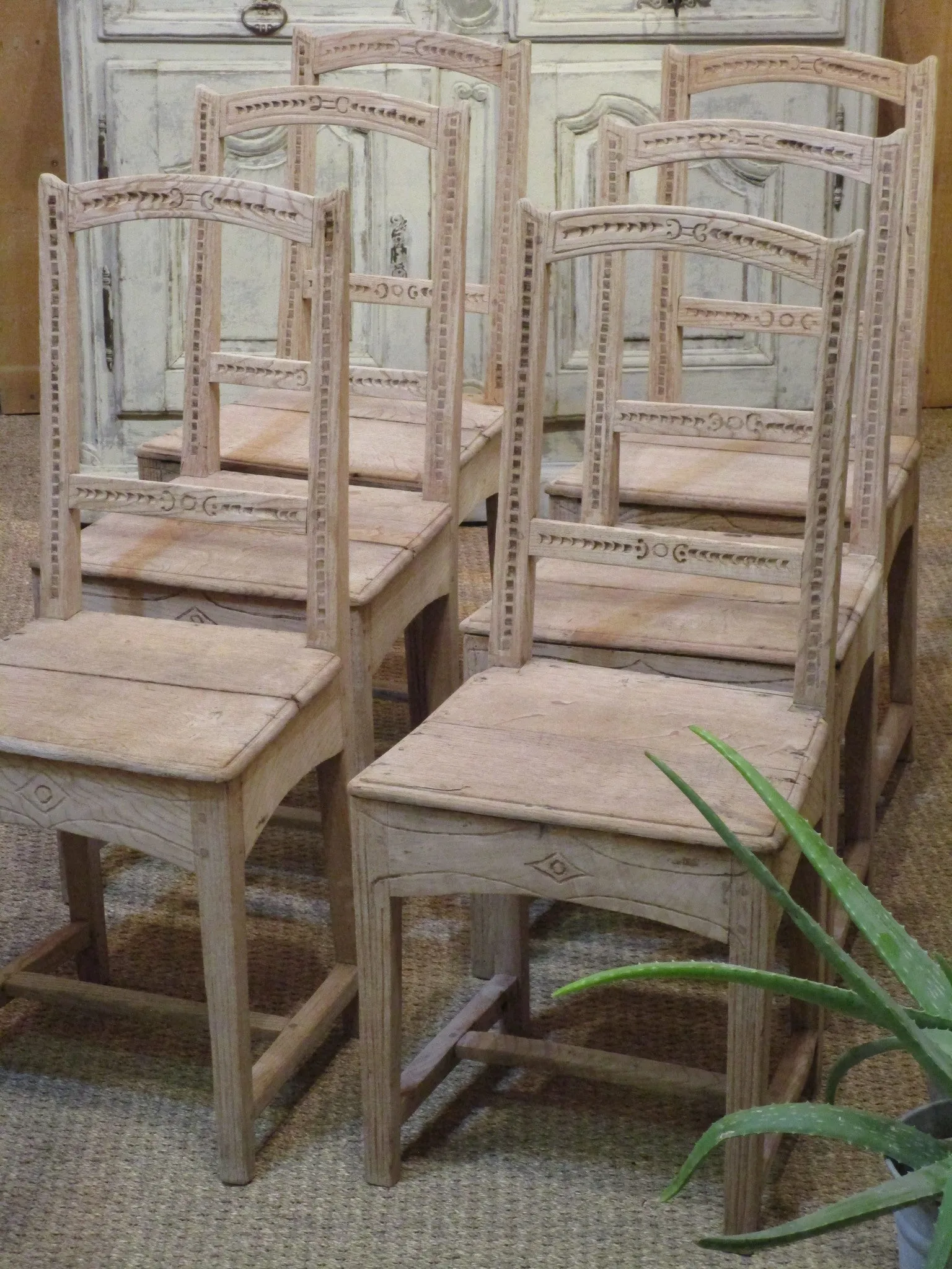 Set of six 18th century stripped oak chairs