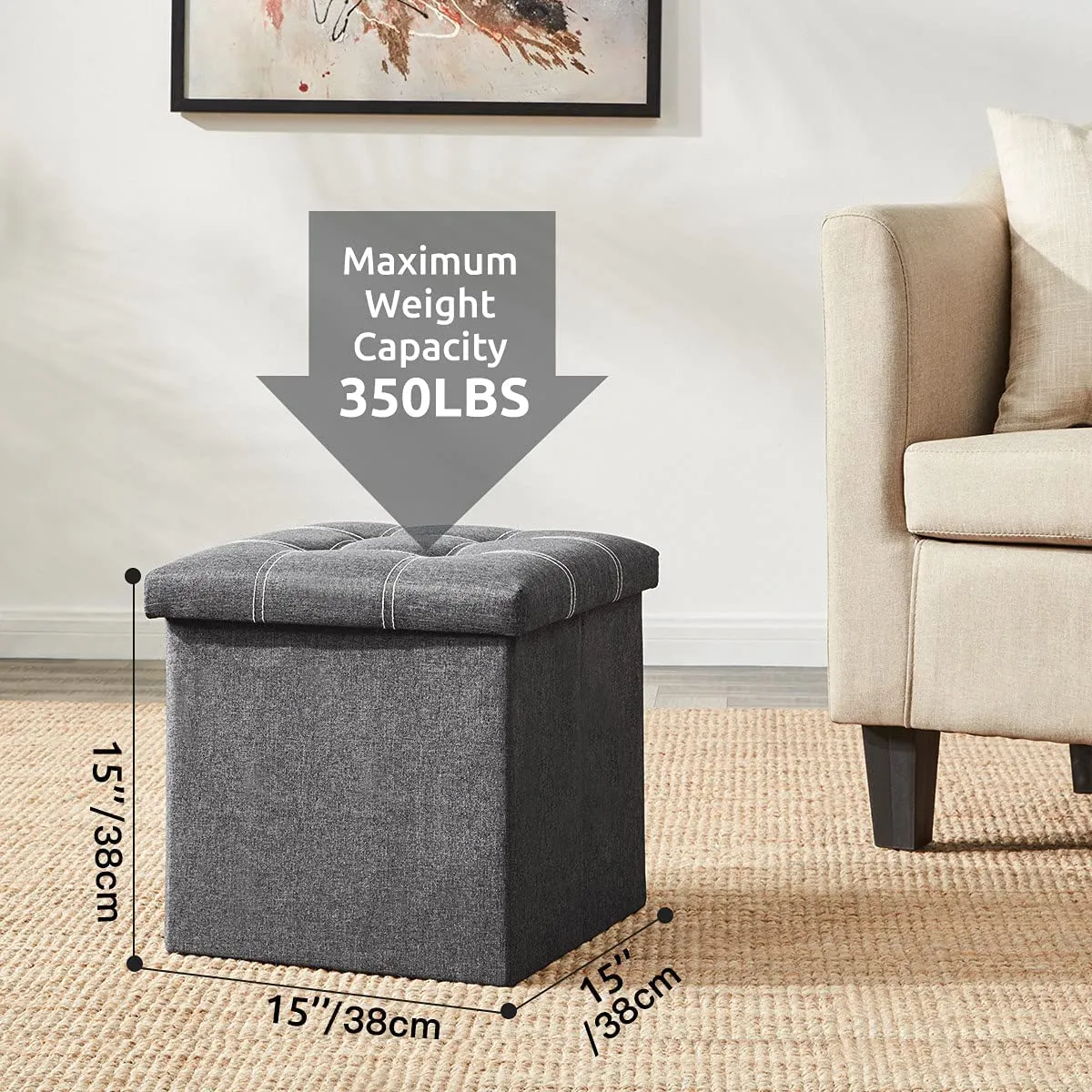 SKYFUN (LABEL) Fabric Storage Ottoman Cube, Linen Tufted Folding Ottomans with Lid, Footstool Rest Padded Seat Coffee Table for Bedroom, Living Room Hallway, Office (Large, Grey)