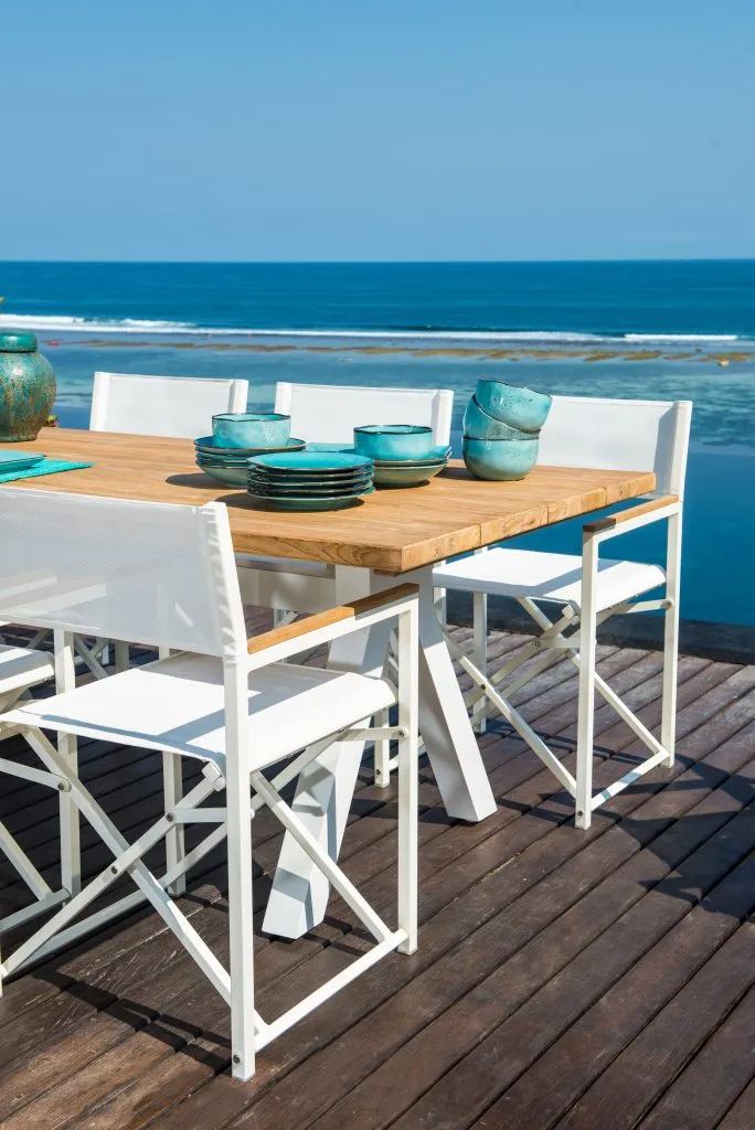 Skyline Design Venice White Eight Seat Rectangular Outdoor Dining Set with Alaska Teak Table top