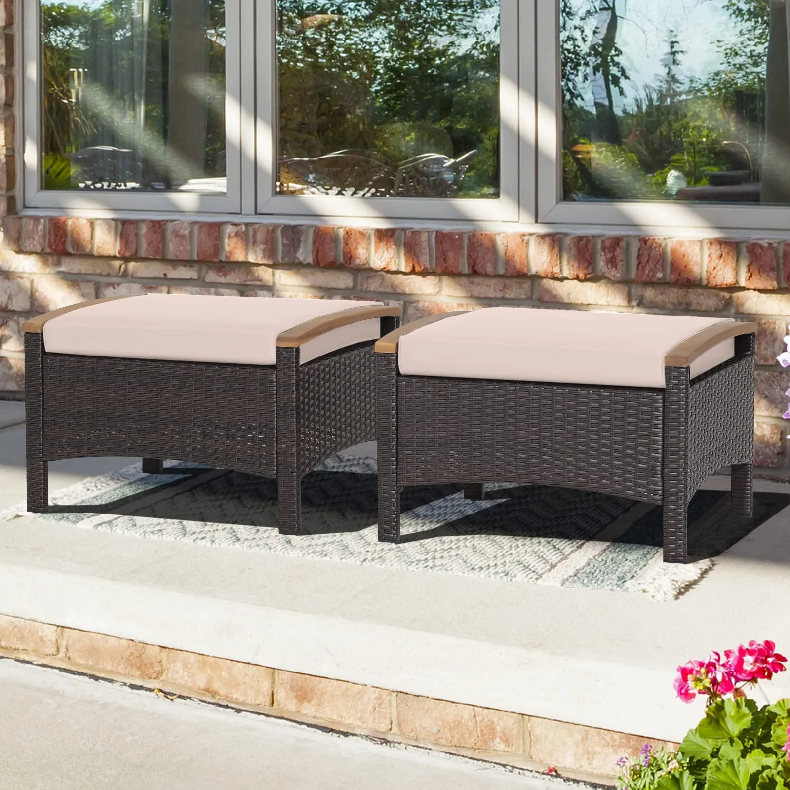 Tangkula 2 Piece Patio Rattan Ottomans, Outdoor Wicker Footstool