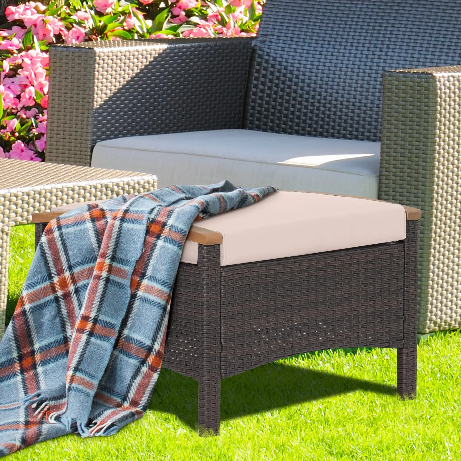 Tangkula 2 Piece Patio Rattan Ottomans, Outdoor Wicker Footstool