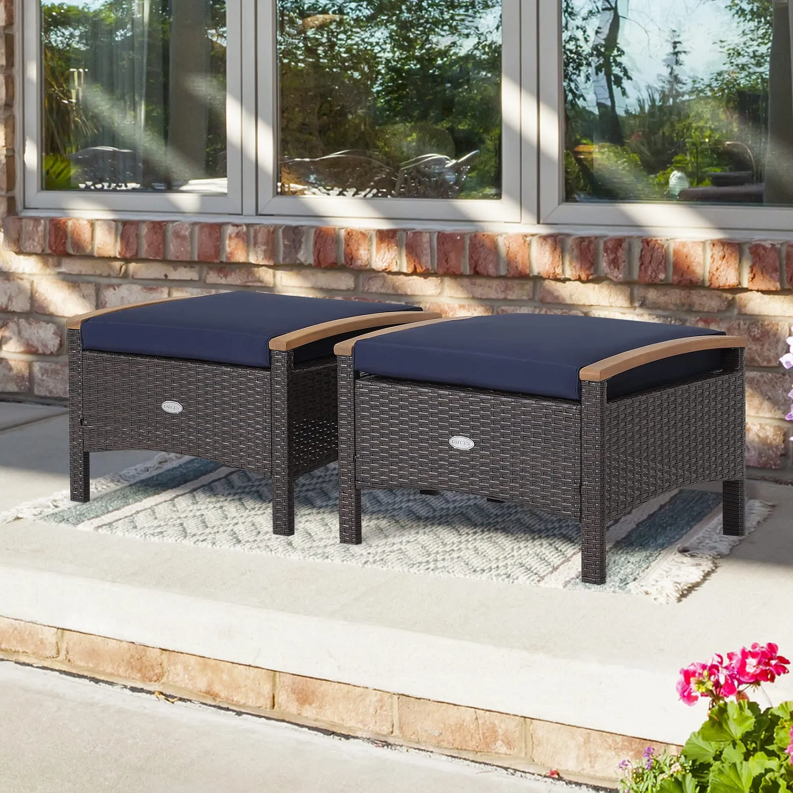 Tangkula 2 Piece Patio Rattan Ottomans, Outdoor Wicker Footstool