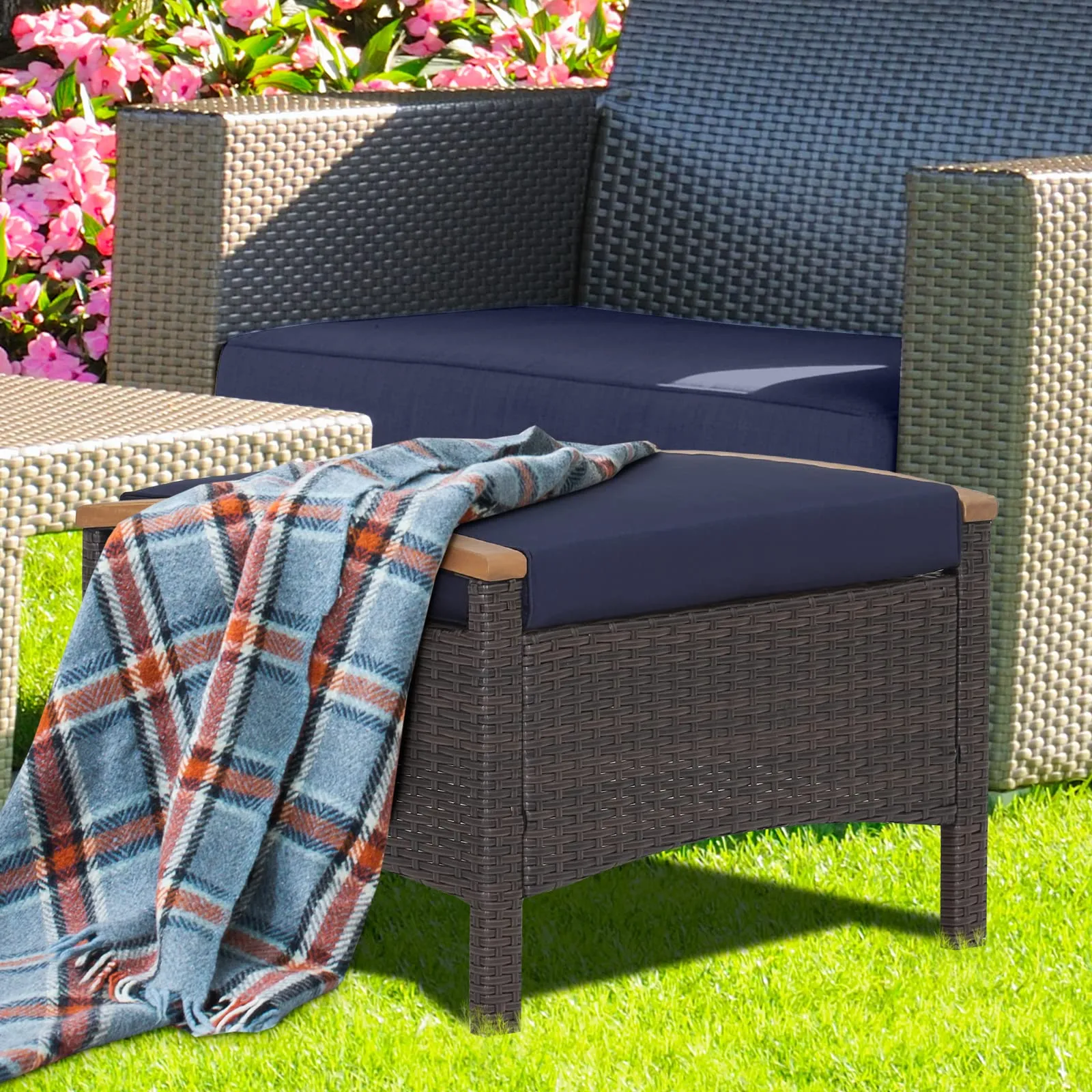 Tangkula 2 Piece Patio Rattan Ottomans, Outdoor Wicker Footstool