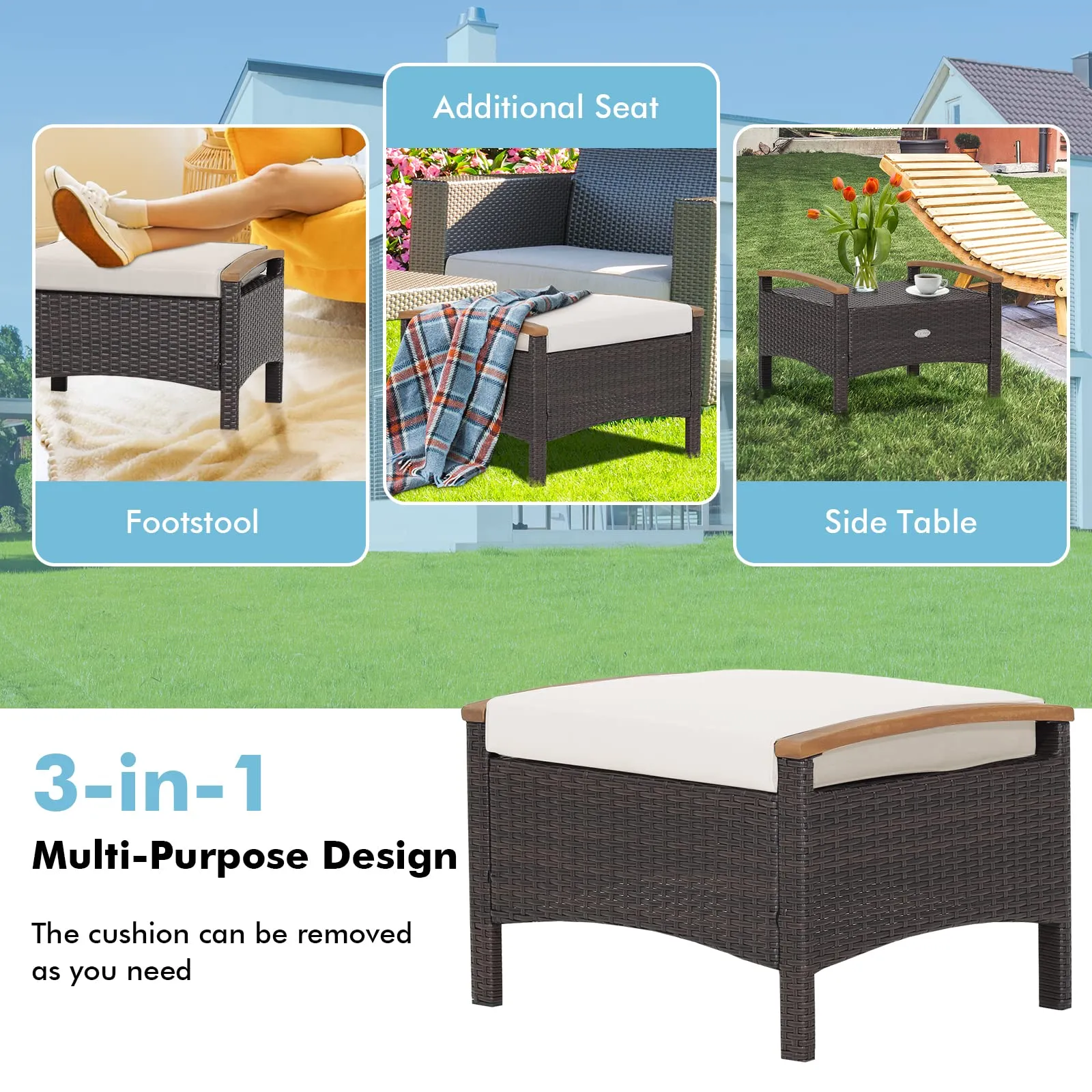 Tangkula 2 Piece Patio Rattan Ottomans, Outdoor Wicker Footstool