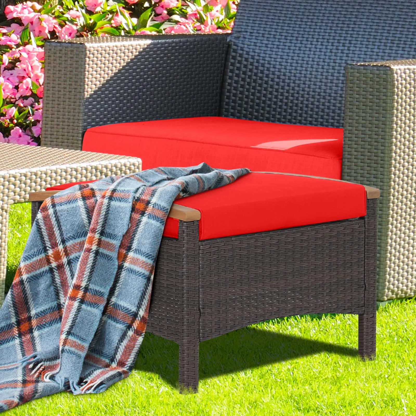 Tangkula 2 Piece Patio Rattan Ottomans, Outdoor Wicker Footstool