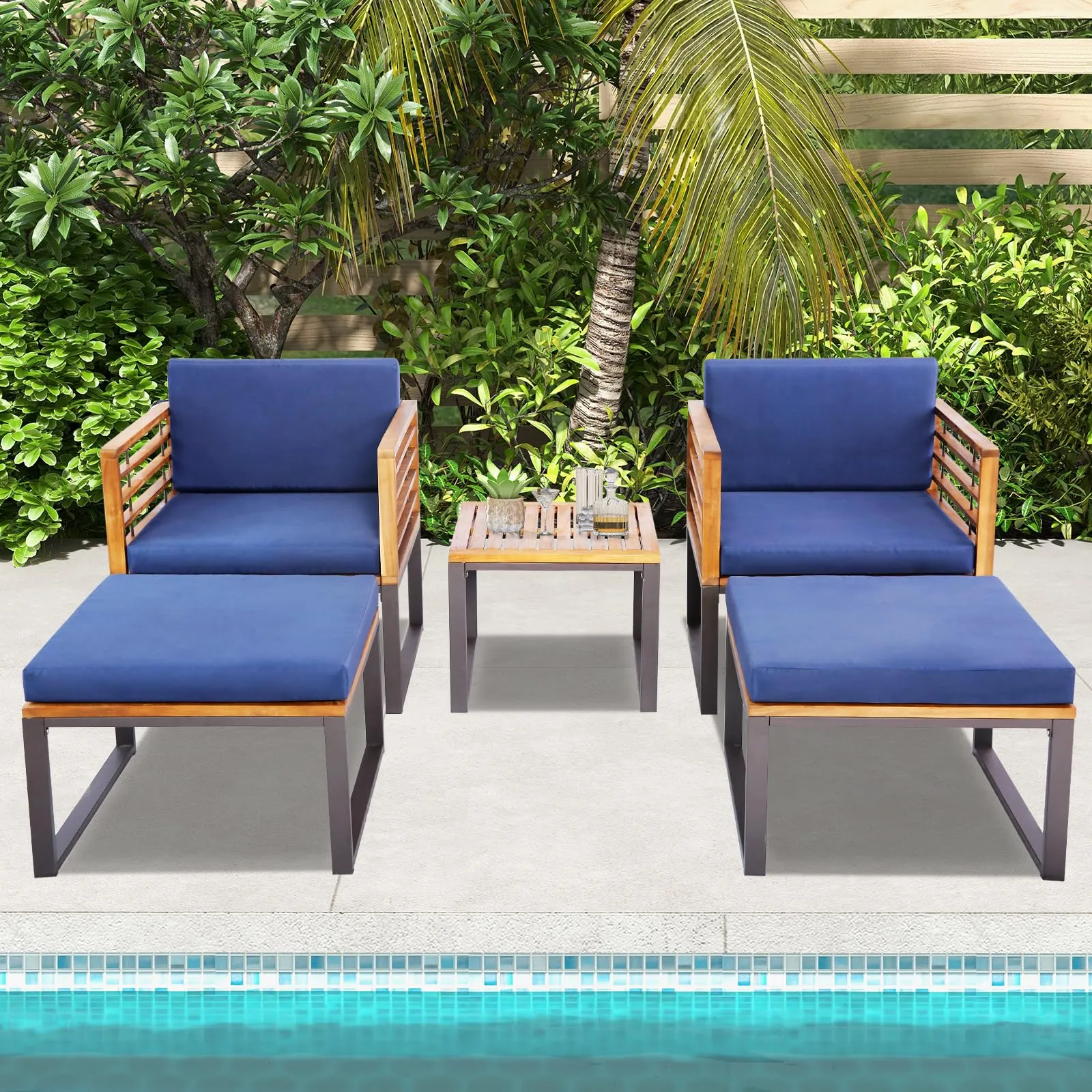 Tangkula 5 Piece Patio Chair Set, Acacia Wood Chair Set