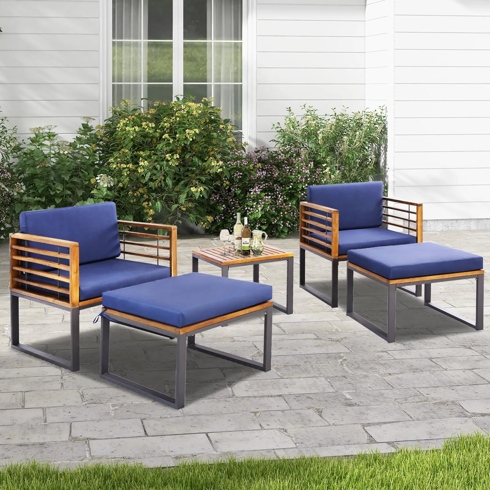 Tangkula 5 Piece Patio Chair Set, Acacia Wood Chair Set