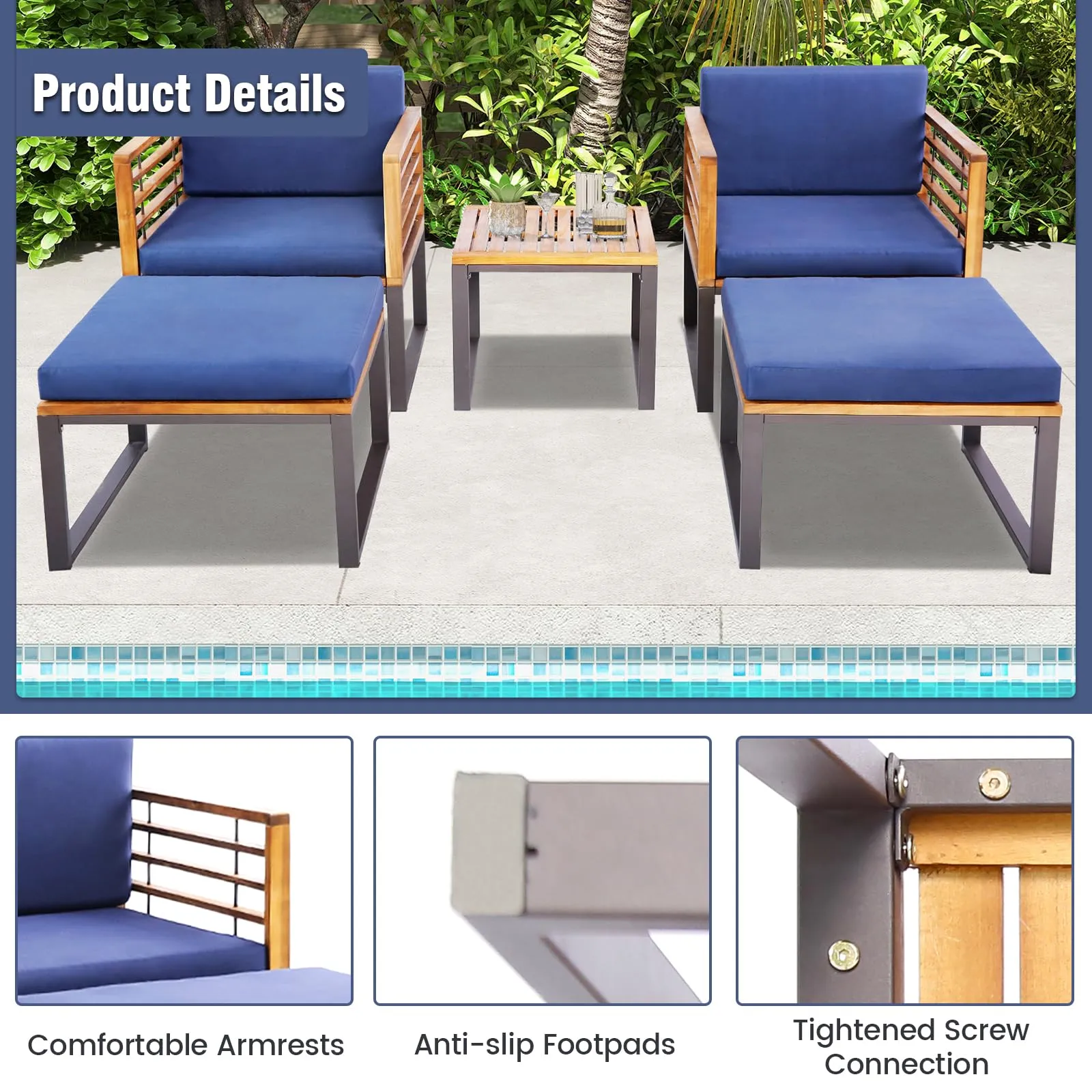 Tangkula 5 Piece Patio Chair Set, Acacia Wood Chair Set