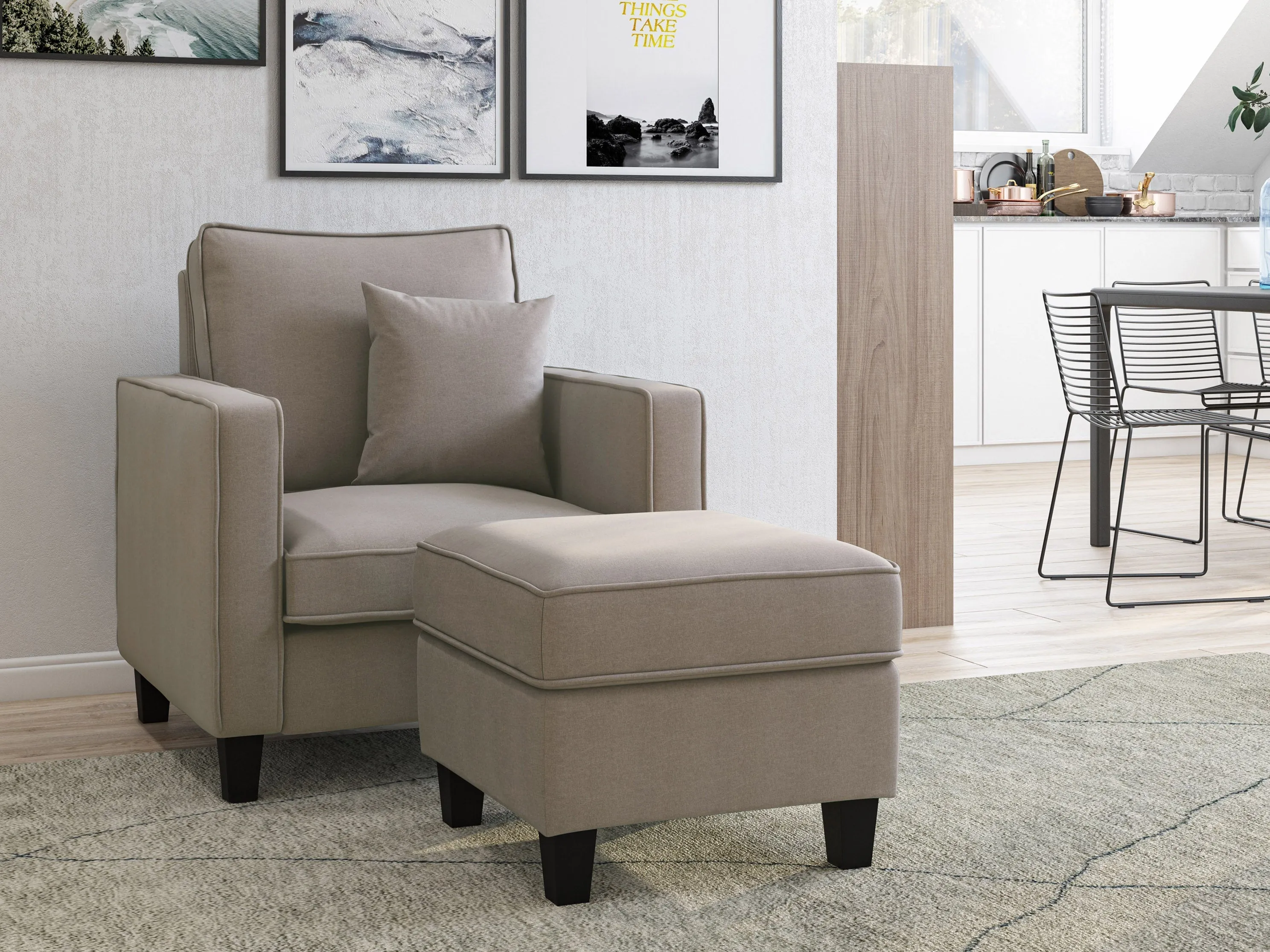 Taupe Fabric Arm Chair with Ottoman