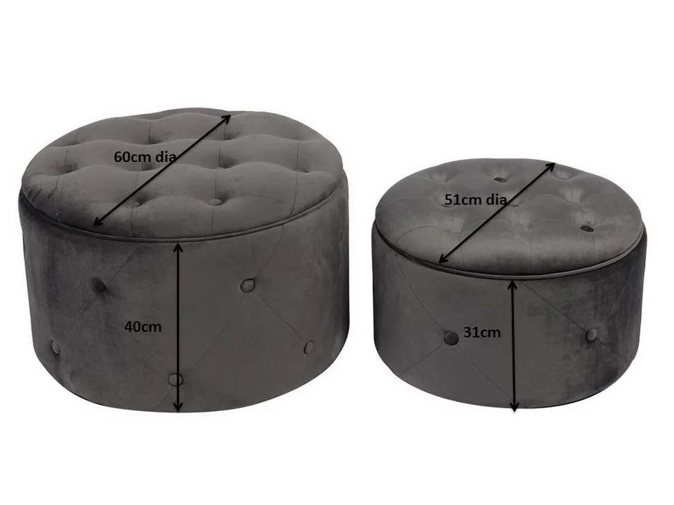 Valeria Set Of 2 Round Storage Ottomans, Dark Grey