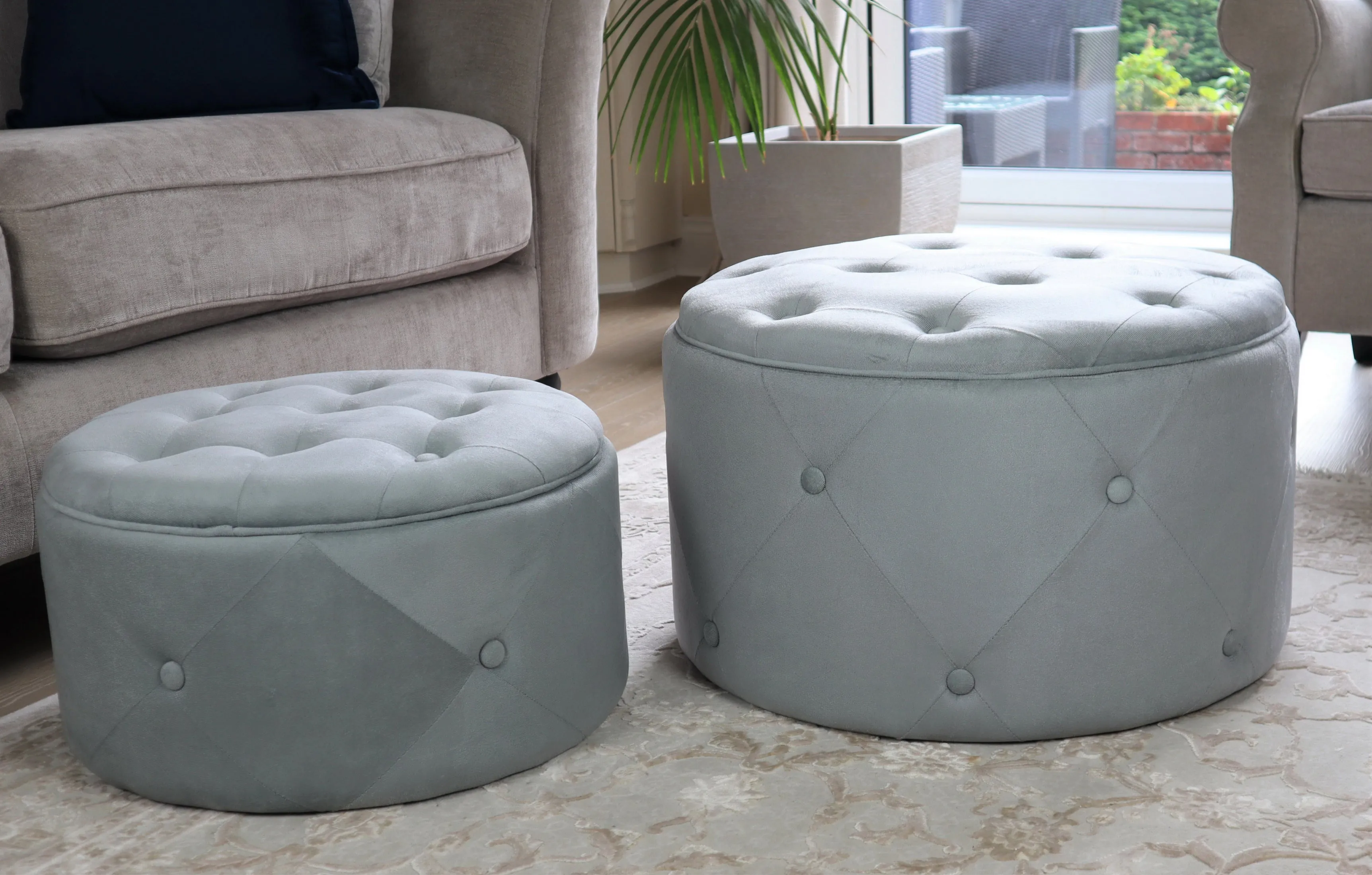 Valeria Set Of 2 Round Storage Ottomans, Light Grey