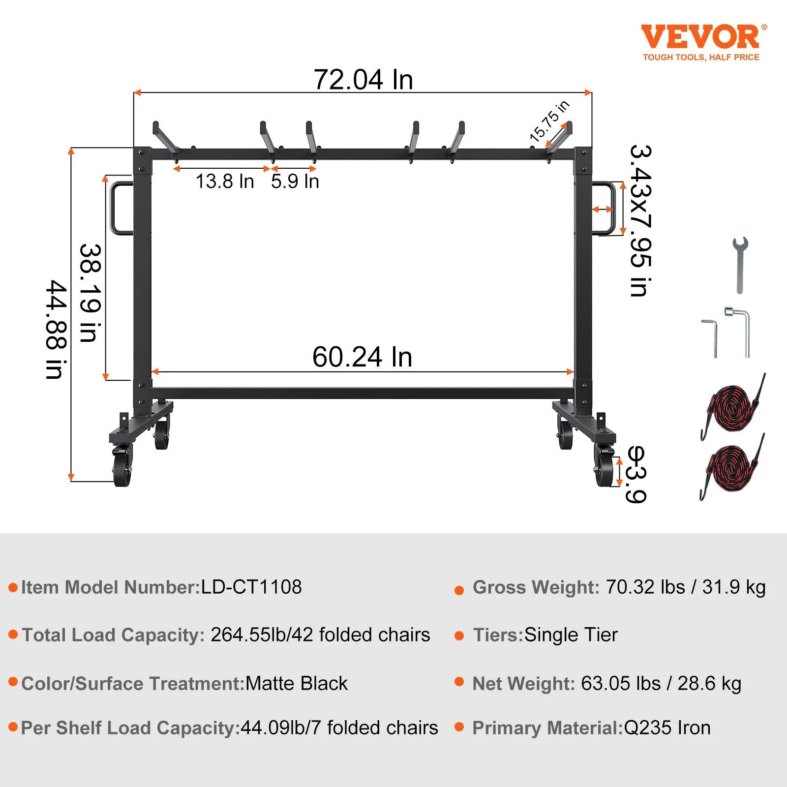 Vevor Folding Chair Cart Stores 42 Chairs 265 lbs Capacity Caster Wheels 2 Elastic Cords Cover New