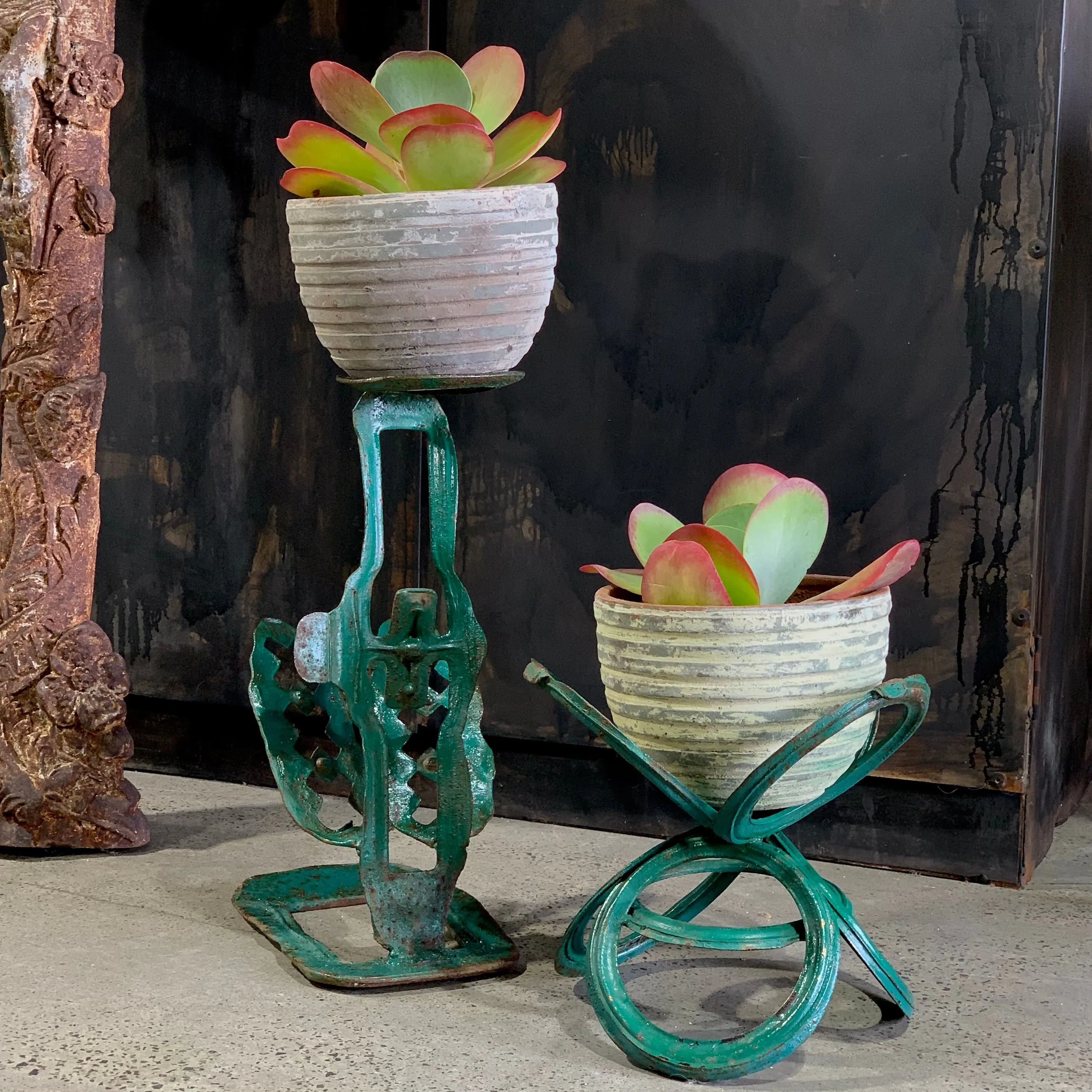 Vintage Iron Planter Holders  - Green