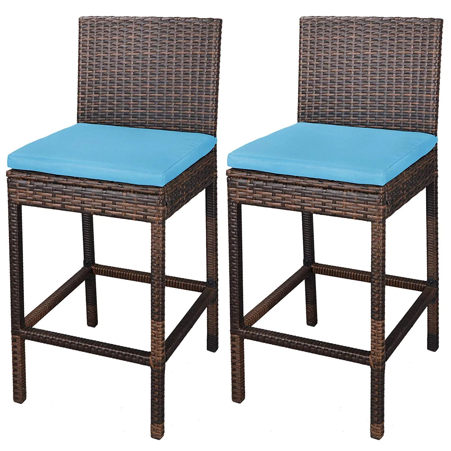 ZENY™ Outdoor 2 Pcs All Weather Patio Furniture Brown Wicker Barstool with Cushions, Blue