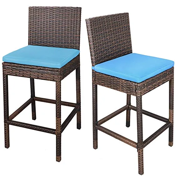 ZENY™ Outdoor 2 Pcs All Weather Patio Furniture Brown Wicker Barstool with Cushions, Blue